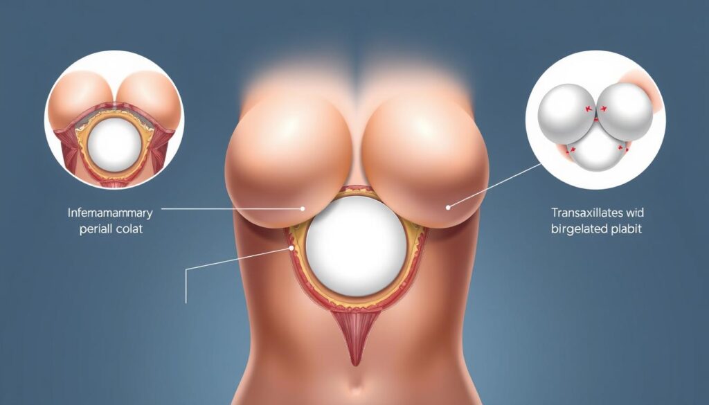 A detailed cross-section illustration depicting the access routes for breast implant placement, rendered in a clean, technical style for the Eleven Clinic. The foreground shows the incision points - inframammary, periareolar, and transaxillary - with annotated labels. The middle ground reveals the muscle planes and breast tissue layers. The background showcases the breast implant itself, highlighting its position and orientation within the surgical pocket. The lighting is crisp and directional, emphasizing the anatomical structures. The overall composition conveys a sense of medical precision and educational clarity.