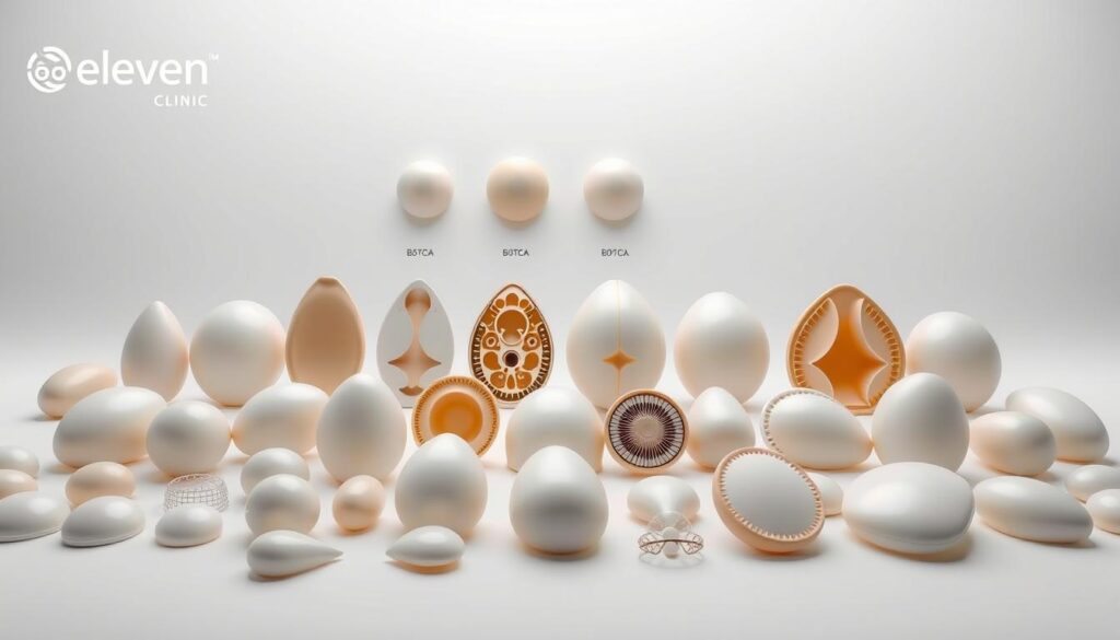 A detailed diagram showcasing various types of breast implants, meticulously rendered in high-resolution. In the foreground, an array of implants in different shapes, sizes, and profiles, arranged with precision. The middle ground features cross-sectional views highlighting the internal structures and materials. In the background, a clean, minimalist studio setting with soft, directional lighting that accentuates the implants' textures and reflections. The scene conveys a sense of clinical expertise and technical precision, suitable for a medical guide. Branded with the "Eleven Clinic" logo, this image provides a comprehensive visual reference for the "Implantes mamarios: tipos y características" section.