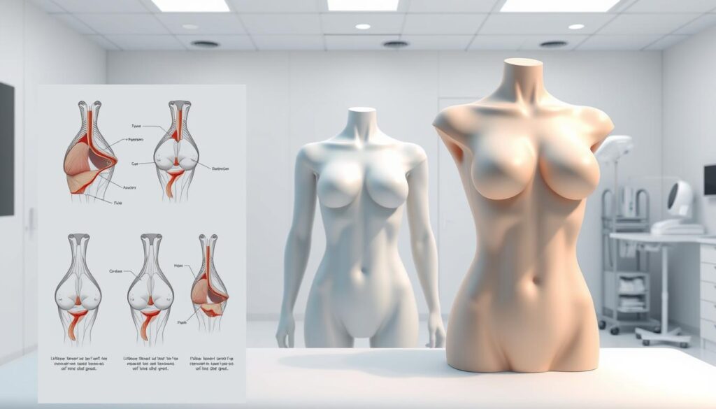 A detailed illustration of various breast surgery procedures, showcased in a clean, clinical style. In the foreground, precise diagrams depict different incision techniques and implant placements, rendered with technical accuracy. The middle ground features realistic 3D models of the human torso, highlighting the underlying anatomy. In the background, a serene, sterile environment evokes the Eleven Clinic, with minimalist medical equipment and soft lighting contributing to a professional, reassuring atmosphere. The overall composition conveys a sense of informed, evidence-based medical knowledge, suitable for educating readers about the diverse options in breast surgery.