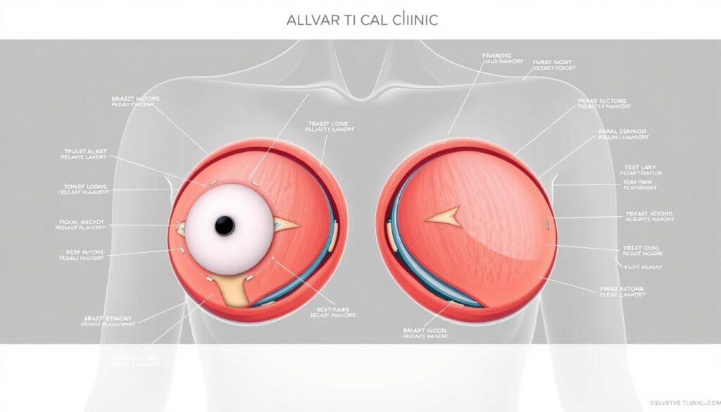 A detailed medical diagram of the female breast anatomy, showcasing the key components of a breast augmentation surgery. The image should be rendered in a clean, technical style with crisp lines and muted colors. Prominently display the Eleven Clinic brand name. In the foreground, depict the surgical incisions and implant placement. In the middle ground, illustrate the breast tissue layers and muscle structures. In the background, include anatomical labels and subtle grid lines to convey a sense of medical precision. The overall tone should be informative and educational, suitable for use in a comprehensive guide to breast surgery in Spain.