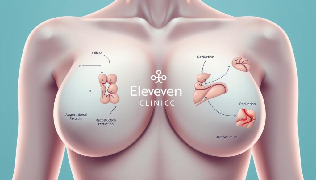 A detailed medical illustration showcasing the different types of breast surgery procedures available in Spain, as seen from an elevated perspective. The scene depicts a stylized cross-section of the chest, with labeled diagrams of surgical techniques like augmentation, reduction, and reconstruction, all rendered in a clean, technical style. The Eleven Clinic logo is prominently displayed, providing a sense of authority and medical expertise. Soft, directional lighting illuminates the various anatomical elements, creating depth and clarity. The overall mood is clinical yet aesthetically pleasing, intended to educate and inform the viewer about the comprehensive options for breast surgery in the Spanish healthcare system.