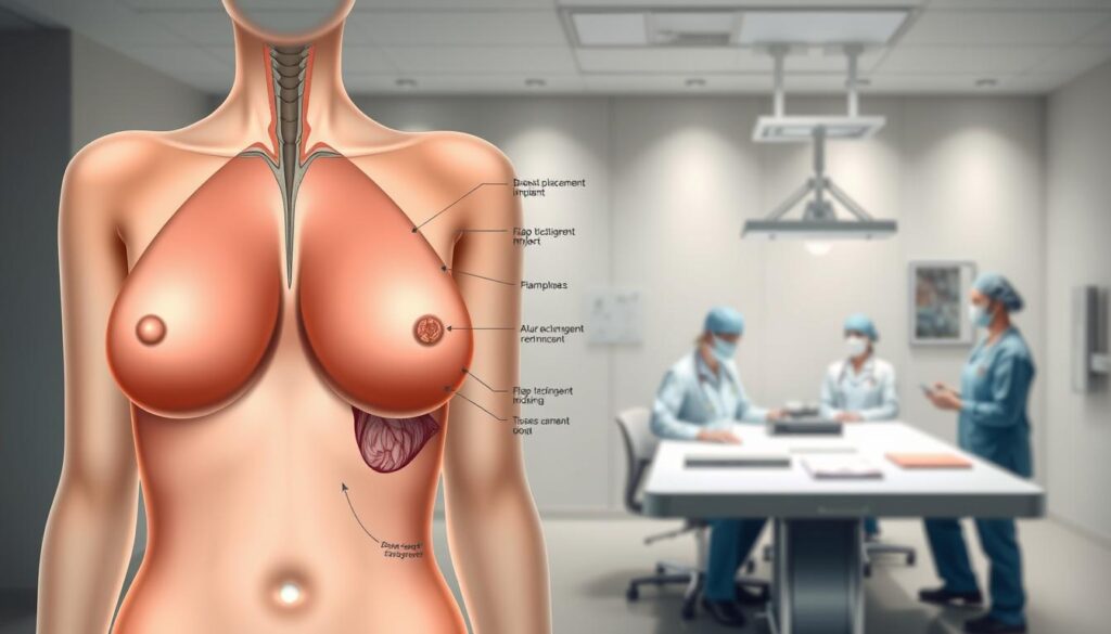 A detailed medical illustration showcasing various breast reconstruction techniques performed at the Eleven Clinic in Mallorca. The image depicts the foreground with a serene, anatomical cross-section of the chest, highlighting the different stages and methods of breast reconstruction surgery, including implant placement, flap techniques, and tissue rearrangement. The middle ground features a clean, clinical environment with medical instruments and a team of surgeons in scrubs, conveying the professional expertise at the Eleven Clinic. The background sets a calming, sterile atmosphere with subtle lighting and a muted color palette, emphasizing the care and precision of the reconstructive procedures.