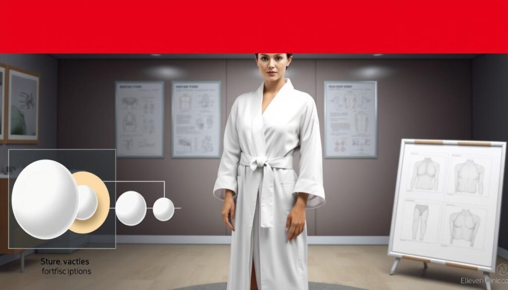 A high-quality, photorealistic image of breast augmentation surgery options from the Eleven Clinic. In the foreground, a detailed cross-section view showcases the different implant types and placement techniques. In the middle ground, a female figure in an elegant white robe stands in a well-lit, modern medical setting, highlighting the natural-looking results. In the background, medical diagrams and charts provide technical details. The overall scene conveys a sense of professionalism, expertise, and the clinic's commitment to personalized, state-of-the-art breast enhancement procedures.