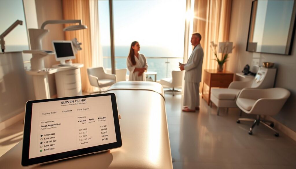 A luxurious and modern medical suite at the Eleven Clinic in Mallorca, bathed in warm, natural light. The focal point is a sleek, polished examination table, surrounded by state-of-the-art medical equipment and elegant furnishings. In the foreground, a tablet displays detailed cost information and payment options for breast augmentation procedures. The middle ground features a woman in a robe, engaged in a consultation with a compassionate, experienced surgeon. The background showcases the clinic's stunning ocean-view location, conveying a sense of relaxation and wellness. The overall atmosphere is one of professionalism, care, and a commitment to helping patients achieve their aesthetic goals.