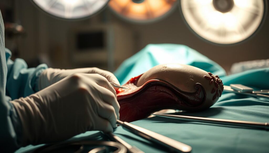 A meticulously detailed surgical procedure unfolding on the operating table of the Eleven Clinic. In the foreground, the surgeon's gloved hands delicately manipulating the anatomy, surrounded by precision medical instruments. In the middle ground, a clear view of the incision site and the gradual progress of the procedure. The background softly illuminated, creating an atmosphere of clinical focus and technical mastery. Subtle shadows and highlights accentuate the three-dimensional form, conveying the gravity and importance of this transformative medical process.