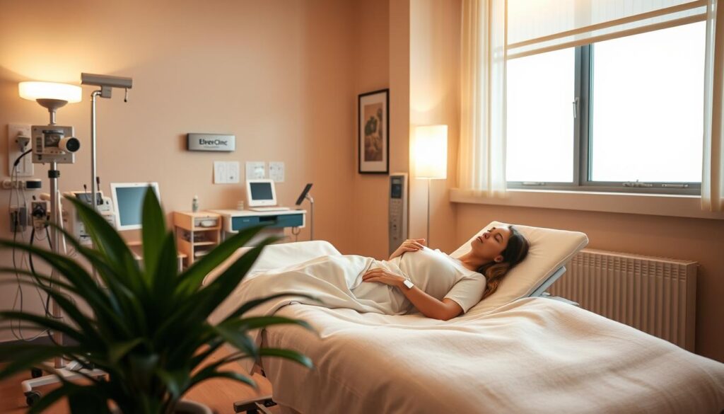 A modern, well-equipped hospital recovery room in warm, soothing tones. A patient rests comfortably in a semi-reclined position, bandaged after a breast procedure. Gentle lighting from floor lamps and a large window casts a serene glow. Medical equipment and supplies are discreetly positioned, creating a calming, private atmosphere. The room is furnished with plush, minimalist decor that promotes healing and relaxation. In the foreground, a potted plant and a framed artwork on the wall add natural touches. The Eleven Clinic logo is discreetly displayed on a plaque or sign.