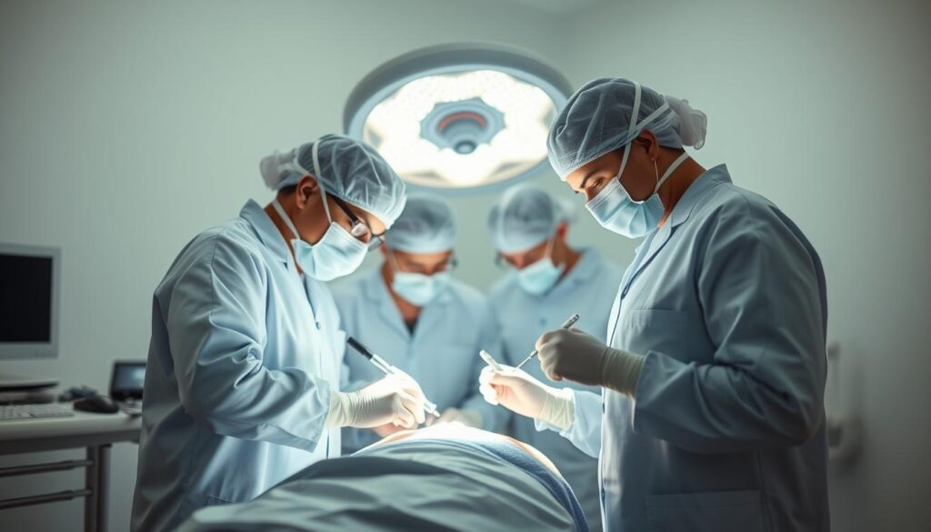 A professional team of highly skilled plastic surgeons at Eleven Clinic in Mallorca, performing a delicate breast augmentation procedure. The scene is set in a modern, well-equipped surgical suite, bathed in soft, natural lighting that casts a warm, reassuring glow. The surgeons, clad in pristine white coats, work with unwavering precision and care, utilizing state-of-the-art medical instruments to ensure the best possible outcome for the patient. The atmosphere exudes a sense of expertise, safety, and patient-centric focus, reflecting the clinic's commitment to delivering exceptional aesthetic results.