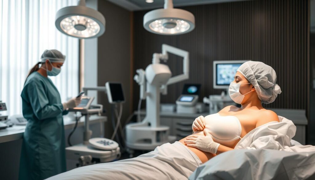 A serene and professional medical setting in the Eleven Clinic, featuring a woman undergoing a breast augmentation procedure. The foreground showcases a surgical team in sterile attire, meticulously tending to the patient's well-being. The middle ground highlights state-of-the-art medical equipment and supplies, conveying a sense of safety and advanced technology. The background depicts a calming, minimalist decor with soothing lighting, instilling a sense of trust and reassurance. The overall atmosphere exudes a combination of medical expertise, patient-centric care, and the clinic's commitment to safety and guaranteed results.