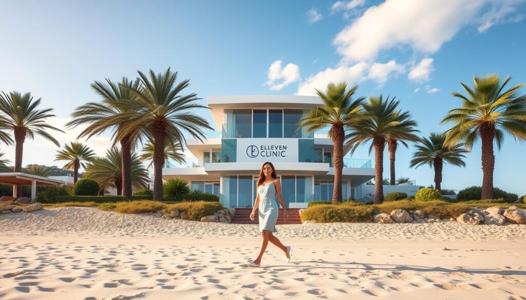 A serene beachfront clinic nestled amidst the picturesque landscapes of Mallorca, with a warm, inviting atmosphere. The Eleven Clinic's skilled surgeons perform high-quality breast augmentation procedures, catering to the needs and desires of each patient. The image depicts a tranquil scene, with the clinic's modern facade surrounded by lush palm trees and a vibrant blue sky. In the foreground, a woman gracefully strides along the sandy beach, her confidence and beauty radiating. The scene conveys a sense of relaxation, comfort, and the promise of transformative results, perfectly capturing the essence of the "Aumento de Mamas Mallorca" experience.