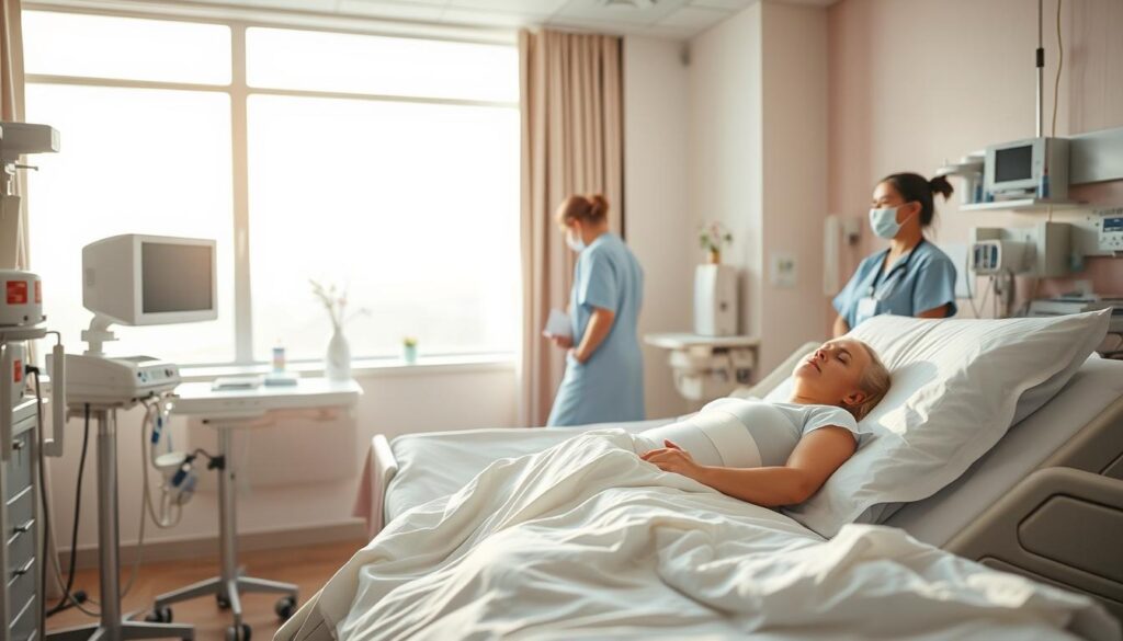 A serene hospital room bathed in soft, natural lighting. In the foreground, a patient rests comfortably in a hospital bed, surrounded by medical equipment and attentive nurses from Eleven Clinic. The patient's midsection is wrapped in bandages, indicating a recent abdominal procedure. The middle ground showcases a calming, pastel-colored environment with soothing decor, while the background reveals a tranquil view through the window, hinting at the patient's gradual recovery process. An atmosphere of care, comfort, and healing permeates the scene, reflecting the patient's journey towards a firmer, more confident abdomen.