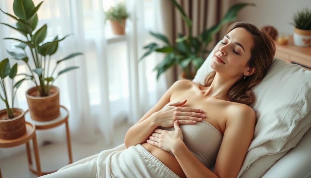 A serene recovery setting at the Eleven Clinic in Mallorca. A woman rests comfortably in a softly lit room, surrounded by soothing natural elements like potted plants and soft fabrics. She wears a comfortable, post-operative garment as she gently massages her newly enhanced breasts, taking care during her careful recovery process. The scene conveys a sense of peace, healing, and attentive aftercare under the skilled guidance of the Eleven Clinic's expert team.