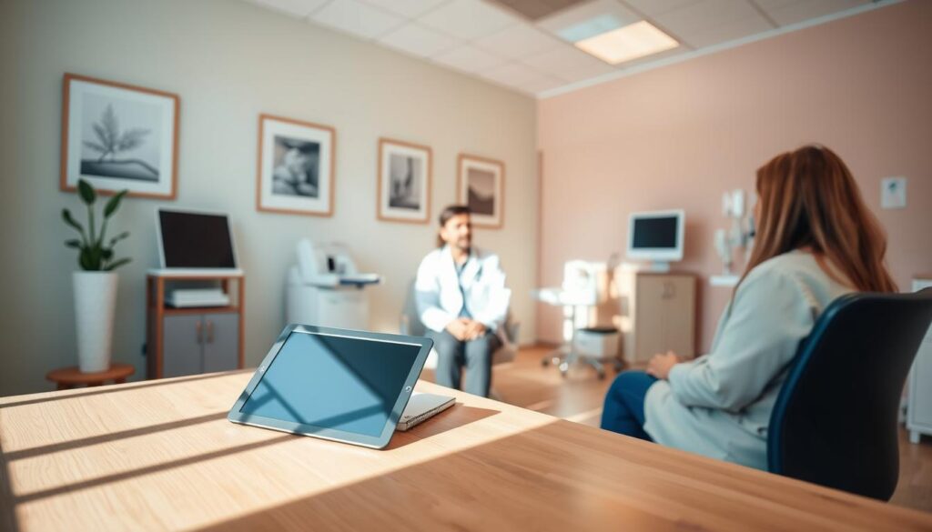 A serene, sun-drenched medical consultation room at the Eleven Clinic. A wooden desk in the foreground holds a tablet and notes, suggesting a personalized evaluation in progress. In the middle ground, a patient sits attentively, engaged in a thoughtful discussion with the doctor. The background features soothing pastel walls, calming artwork, and discreet medical equipment, conveying a welcoming, professional atmosphere. The lighting is soft and natural, highlighting the collaboration and care between the medical staff and the patient. An atmosphere of trust, expertise, and personalized attention permeates the scene.
