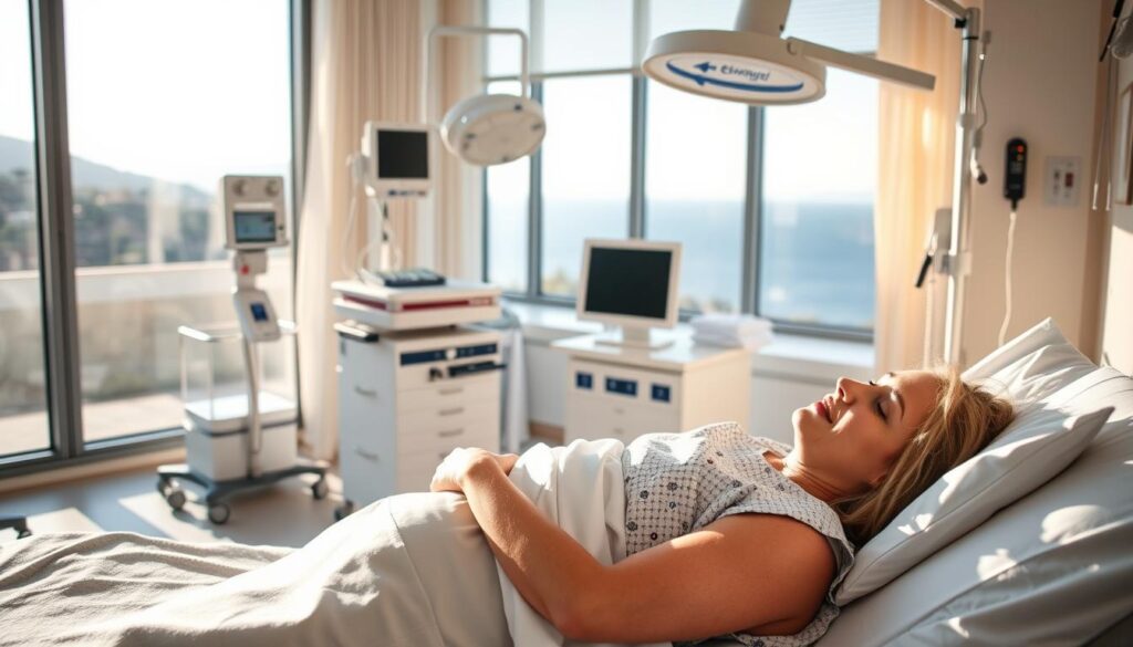 A serene, well-lit hospital room in Eleven Clinic, Mallorca. In the foreground, a patient rests comfortably in a hospital bed, their face expressing a sense of relief and recovery. The mid-ground features medical equipment and supplies neatly arranged, conveying a clean, professional atmosphere. In the background, a large window overlooks a picturesque coastal landscape, bathed in warm, natural lighting. The overall mood is one of tranquility and care, reflecting the patient's postoperative recuperation and the attentive medical staff at Eleven Clinic.