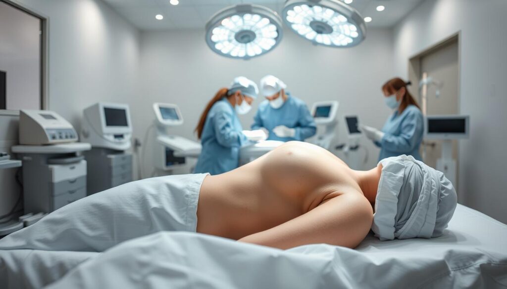 A step-by-step reconstruction process unfolds in a serene, professional medical setting. In the foreground, a patient lies peacefully as skilled surgeons of the Eleven Clinic meticulously reconstruct the breast, using advanced techniques and cutting-edge technology. The middle ground captures the medical team in precise, focused movements, working in harmony to achieve a natural, aesthetically pleasing result. The background showcases the clinic's state-of-the-art facilities, with clean lines, modern equipment, and a calming atmosphere that instills a sense of trust and comfort. Soft, diffused lighting enhances the tranquil mood, while the camera angle provides a reassuring, up-close perspective of the delicate, step-by-step reconstruction process.
