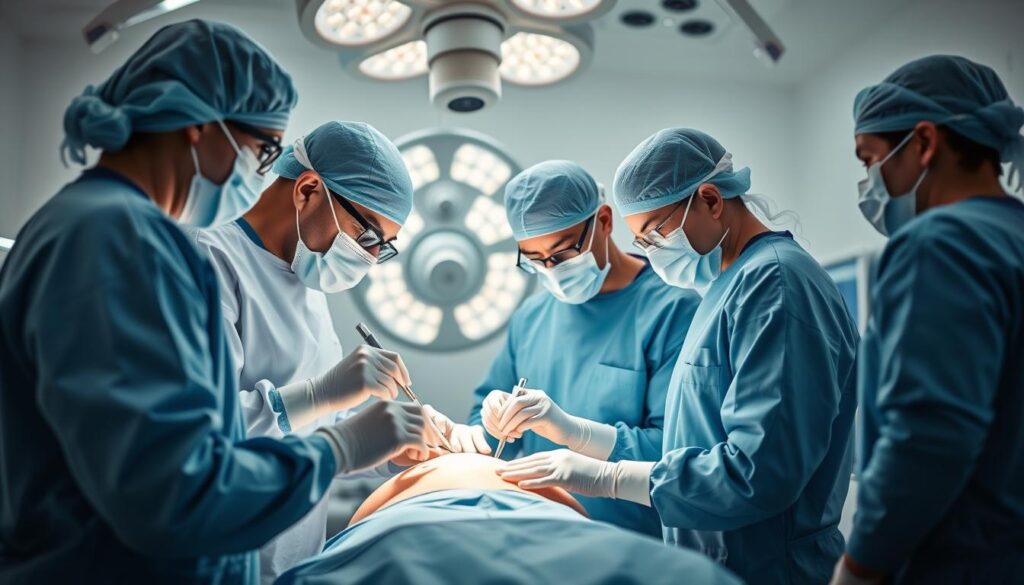 A team of experienced medical professionals from the Eleven Clinic, performing a high-definition liposuction procedure in Mallorca. The scene depicts a modern, well-equipped surgical suite with state-of-the-art technology and sterile, well-lit environments. The doctors, dressed in pristine scrubs and surgical masks, focus intently on the intricate details of the procedure, utilizing precise, skilled techniques to sculpt the patient's body. The atmosphere exudes a sense of professionalism, expertise, and unwavering commitment to the highest standards of care.