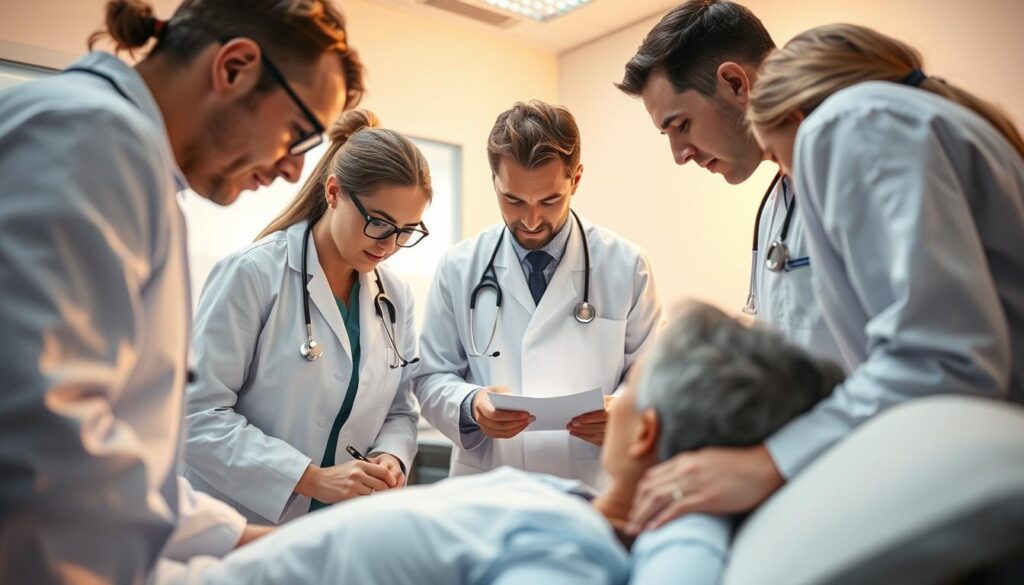 A team of highly skilled medical professionals in Eleven Clinic, Mallorca, gathered around a patient, examining and discussing treatment plans. The scene is bathed in soft, warm lighting, creating an atmosphere of care and expertise. In the foreground, the team leans in, focused intently on their work, while the background is subtly blurred, emphasizing the importance of the task at hand. The composition conveys a sense of professionalism, dedication, and a commitment to providing the best possible care for the patient.