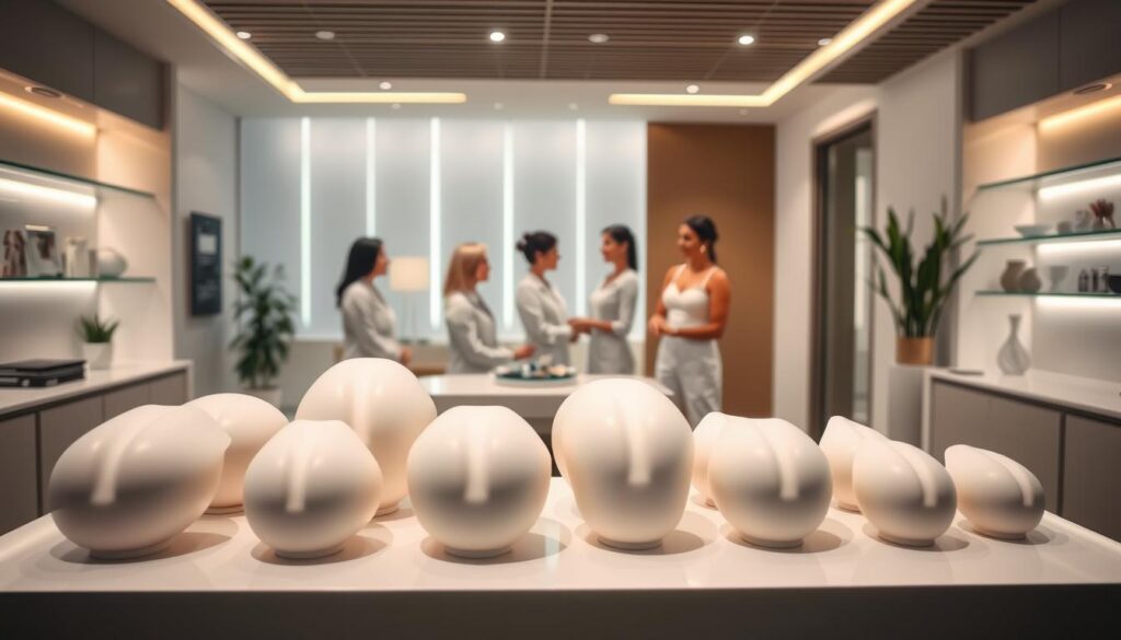 A well-lit, professional medical clinic interior showcasing the breast augmentation options available at the Eleven Clinic in Mallorca. The foreground features a display of breast implant models in various sizes and shapes, presented on a sleek, minimalist counter. The middle ground depicts a team of experienced cosmetic surgeons consulting with a patient, discussing the implant choices suitable for their desired look. The background depicts a calming, spa-like ambiance with soothing lighting and tasteful decor, conveying the high-quality, personalized care offered by the Eleven Clinic.