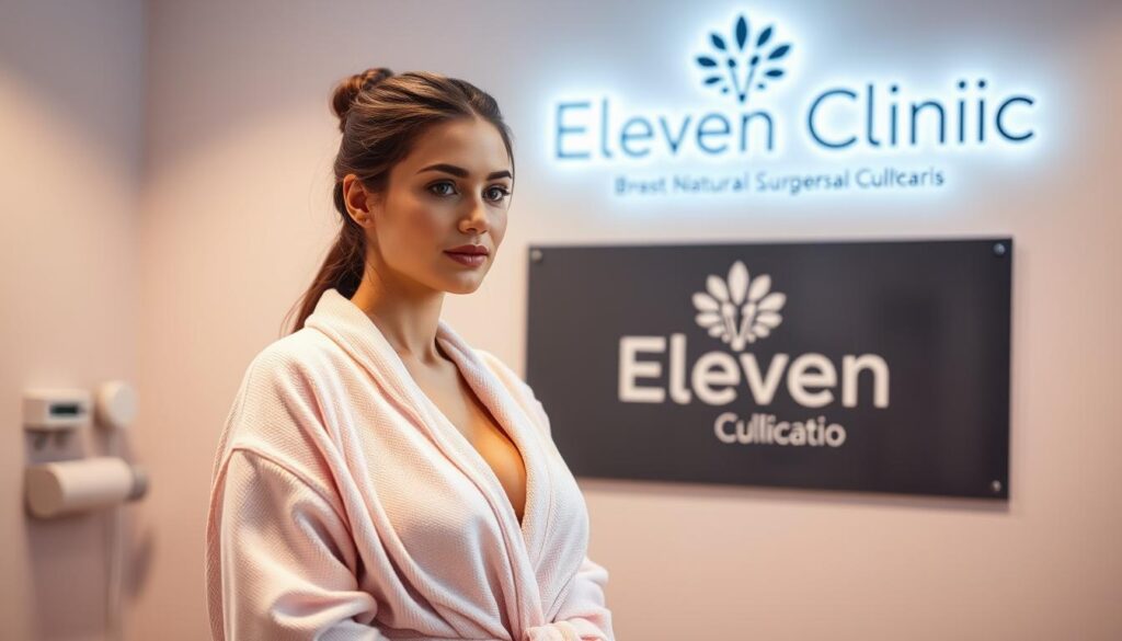 A young, confident woman standing in a well-lit medical examination room, wearing a comfortable robe. She is examining her breasts, considering the possibility of breast augmentation surgery. In the background, the Eleven Clinic logo is prominently displayed, suggesting this is a reputable medical facility. The lighting is warm and inviting, creating a serene, professional atmosphere. The woman's expression conveys a sense of thoughtfulness and self-assurance as she contemplates her options for enhancing her natural beauty through the Eleven Clinic's breast augmentation services.