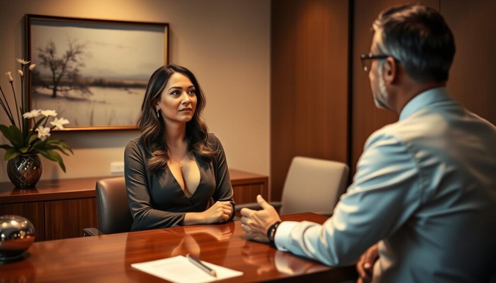 An intimate consultation in the serene office of Eleven Clinic, a woman sits across a wooden desk, attentively listening to the doctor's recommendations for a natural-looking breast augmentation. The warm lighting casts a soft glow, highlighting the thoughtful expression on her face as she considers the life-changing decision. In the background, elegant decor and tranquil artwork create an atmosphere of trust and professionalism, reflecting Eleven Clinic's commitment to personalized care and exceptional results.