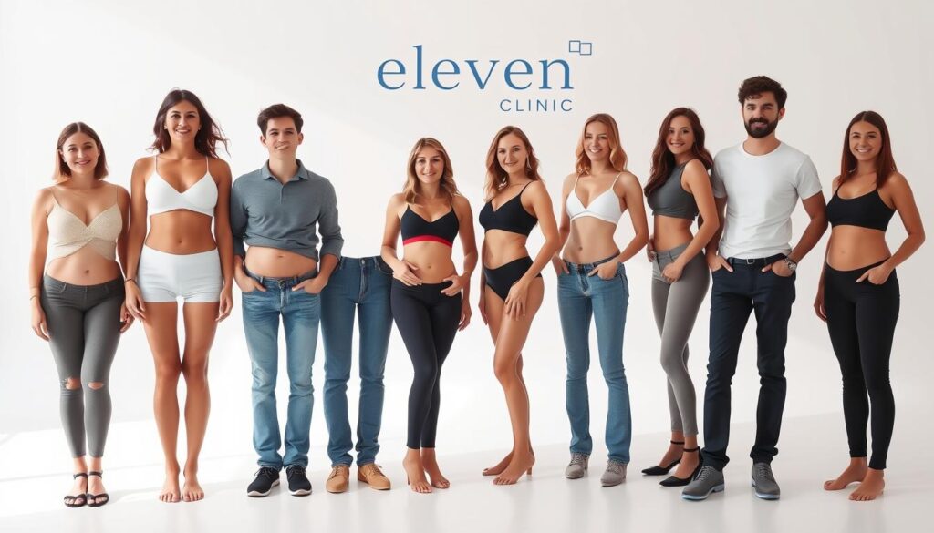 Candidates for abdominoplasty, standing in a bright, clean studio with soft, directional lighting. Eleven Clinic logo prominently displayed. Subjects are diverse in age, gender, and body types, showcasing the versatility of the 360 abdominoplasty procedure. Figures are posed in a natural, relaxed stance, highlighting their proportions and contours. The background is a plain, minimalist setting, allowing the subjects to be the central focus. Conveying a sense of confidence, health, and the potential for transformative results through the Eleven Clinic's expertise.