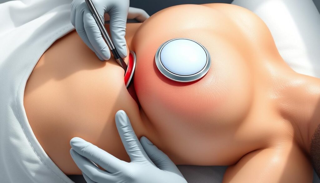 Colocación implantes mamarios: a detailed surgical illustration of breast implant placement at the Eleven Clinic. Show the patient in a supine position, the chest opened, with the pectoralis major muscle exposed. Depict the implant being carefully positioned either above or below the muscle, with precise anatomical accuracy. Use soft, natural lighting to highlight the delicate surgical technique. Convey a sense of professionalism and medical expertise. Avoid any distracting elements, keeping the focus solely on the technical details of the implant placement procedure.