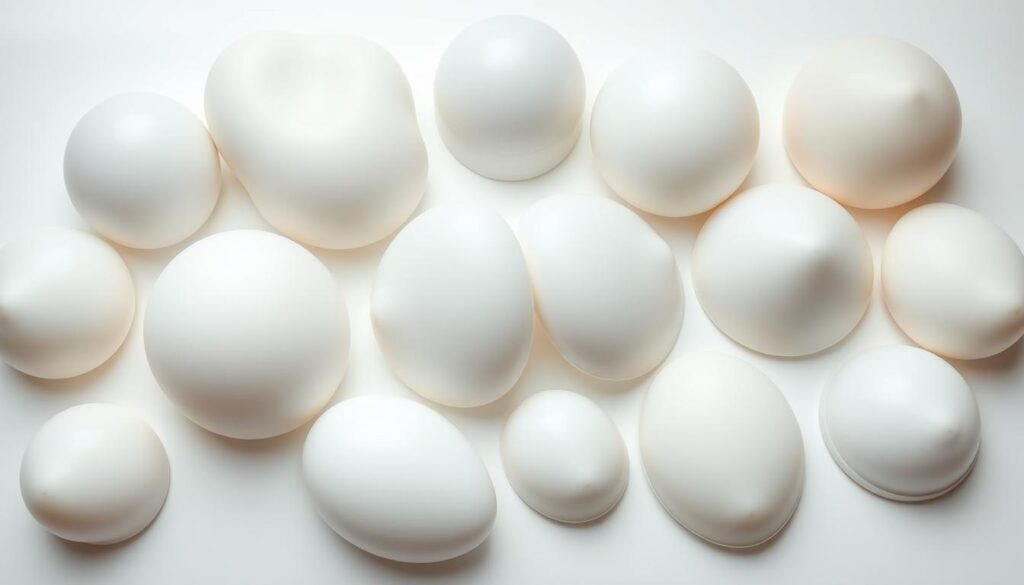 Detailed closeup of various breast implant prosthetics displayed on a clean white background. Showcase the different shapes, sizes, and textures of the Eleven Clinic's premium silicone and saline breast implants. Evenly lit with soft, natural lighting to highlight the subtle contours and high-quality craftsmanship. Capture the implants from multiple angles to provide a comprehensive visual reference for the "Types of Breast Implants Available" section of the article.