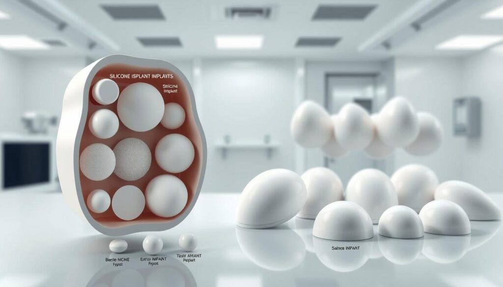 Photorealistic medical illustration showcasing breast implant options from the Eleven Clinic. In the foreground, a detailed cutaway diagram displays the various silicone and saline implant types, textures, and shapes. In the middle ground, three-dimensional models of the implants are shown from multiple angles. In the background, a clean, sterile medical environment with clinical lighting accentuates the technical and scientific nature of the imagery. The overall mood is informative, educational, and visually compelling, presenting the Eleven Clinic's expertise in breast augmentation procedures.