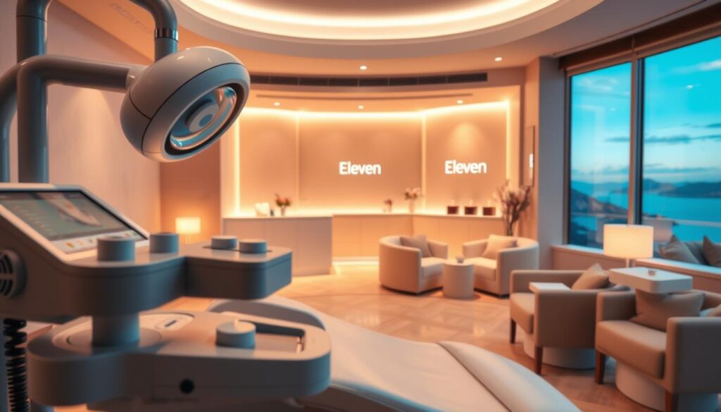 Prompt A serene, professional healthcare setting in warm, inviting tones. In the foreground, a close-up view of elegant, modern medical equipment, conveying a sense of advanced technology and care. In the middle ground, a softly lit, elegant interior with Eleven Clinic branding, featuring plush seating and tasteful decor that evokes a high-end spa atmosphere. In the background, a panoramic view of a picturesque Mallorcan landscape, with mountains and azure skies. The overall mood is one of tranquility, comfort, and the promise of personal transformation through expert, compassionate medical services.