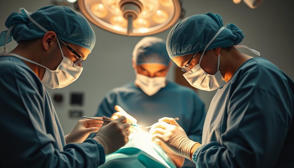 Prompt A specialized medical team performs a delicate breast reconstruction procedure in a state-of-the-art operating room at the Eleven Clinic in Mallorca. The scene is bathed in a warm, sterile light that casts subtle shadows on the faces of the focused surgeons. The surgical instruments gleam with precision as the skilled hands work diligently to restore the patient's natural form. The atmosphere exudes a sense of care, professionalism, and the latest advancements in reconstructive surgery, reflecting the clinic's commitment to helping patients regain their confidence and well-being.