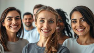 Testimonios reducción mamaria: a series of close-up portraits depicting Eleven Clinic patients, each with a radiant, satisfied expression. Soft lighting illuminates their faces, conveying a sense of calm and contentment. The middle ground features a mix of diverse body types, showcasing the clinic's commitment to personalized care. In the background, a serene, minimalist setting hints at the clinic's modern, professional atmosphere. The overall composition captures the real-life experiences of Eleven Clinic's satisfied patients, reflecting the "Experiencias reales de pacientes satisfechas" section of the article.