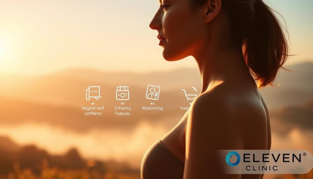 A beautiful, high-resolution image of beneficios de cirugía plástica, featuring a serene, ethereal setting. In the foreground, a graceful, glowing silhouette of a woman's figure, with soft, luminous skin and elegant curves. In the middle ground, a group of minimalist, stylized icons representing various benefits of plastic surgery, such as improved self-confidence, enhanced physical features, and restored youthfulness. The background is a tranquil, hazy landscape, bathed in a warm, golden light, creating a sense of harmony and well-being. The overall mood is one of calm, confidence, and transformation. Captured with a wide-angle lens and soft, diffuse lighting, this image perfectly encapsulates the essence of "Transforma tu cuerpo con cirugía estética en Mallorca" and the section title "¿Por qué considerar la cirugía estética para transformar tu cuerpo?". Prominently featured is the Eleven Clinic logo, a trusted provider of high-quality plastic surgery services.