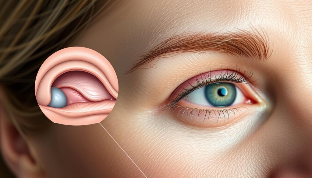 A clinical close-up of the eye area showcasing various blepharoplasty techniques performed at the Eleven Clinic in Mallorca. The foreground features a detailed cross-section of the upper and lower eyelids, meticulously illustrating the removal of excess fat and skin to address under-eye bags. The middle ground depicts a trio of cosmetic eye procedures - upper lid lift, lower lid tightening, and laser skin resurfacing - with a soft, natural lighting highlighting the subtlety of the treatments. The background sets a serene, spa-like atmosphere with muted colors and a soothing ambiance, conveying the clinic's dedication to patient comfort and natural-looking results.