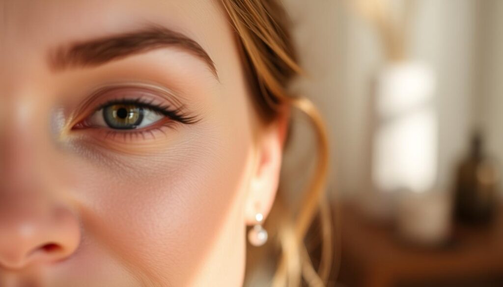 A close-up of a female face in soft, natural lighting, highlighting the delicate area around the eyes. The eyelids appear youthful and rejuvenated, with a subtle lifting and smoothing effect. The skin is radiant, with a healthy, glowing complexion. In the background, a blurred, serene setting suggests a relaxing, spa-like atmosphere. The overall mood is calming and rejuvenating. The image conveys the immediate and long-lasting benefits of the non-surgical eye treatment offered by Eleven Clinic.