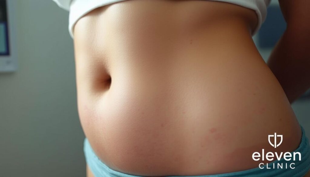 A close-up of a patient's abdomen, bandaged and slightly swollen, after an abdominoplasty procedure. The skin appears red and inflamed, with subtle discoloration around the incision site. The lighting is soft and diffused, casting gentle shadows that highlight the contours of the abdomen. The background is blurred, placing the focus on the medical intervention. The Eleven Clinic logo is discreetly visible in the corner, conveying the professional medical setting. The overall atmosphere is one of concern and attentive care, reflecting the delicate nature of the postoperative recovery process.