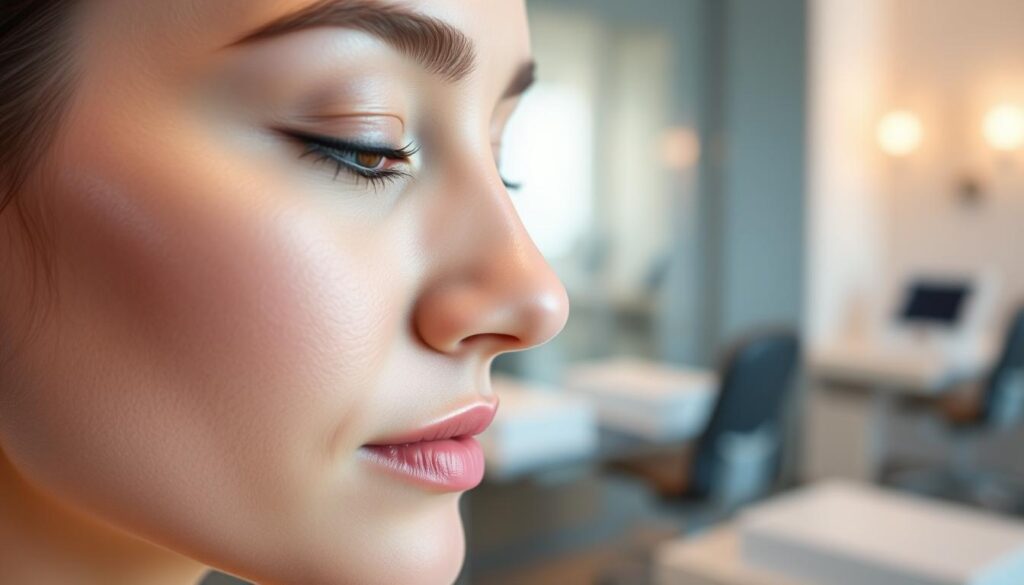 A close-up of a person's face, lit by soft, diffused lighting that accentuates the natural features. The skin appears smooth and youthful, with a subtle, healthy glow. The eyes are relaxed and attentive, conveying a sense of tranquility and focus. In the background, a blurred, elegant medical facility environment is visible, suggesting a personalized, high-quality setting. The overall atmosphere exudes professionalism, expertise, and a tailored approach to facial evaluation, as represented by the Eleven Clinic brand.