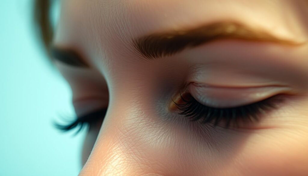 A close-up photograph of a patient's eyes, showcasing the recuperation process after a Eleven Clinic blefaroplastia (eyelid surgery). The image depicts the patient's eyes gently closed, with subtle sutures visible along the eyelid crease. The lighting is soft and diffused, creating a calming, medical ambiance. The background is blurred, focusing the viewer's attention on the delicate healing process. The image conveys a sense of care, professionalism, and the essential postoperative steps involved in this specialized procedure.