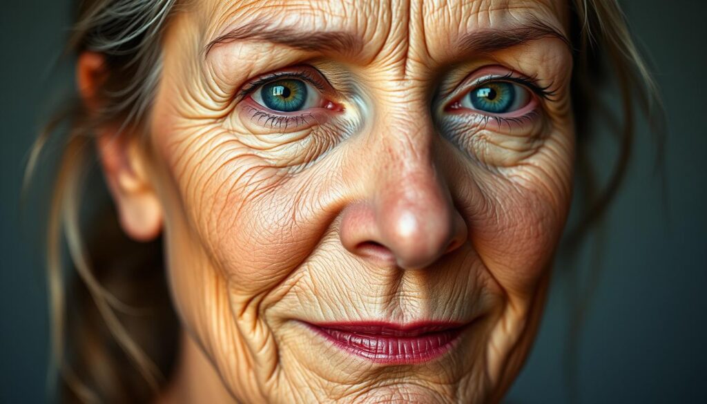 A close-up portrait of a mature woman's face, illuminated by soft, diffused lighting that emphasizes the intricate textures and patterns of her facial wrinkles. The wrinkles are rendered in vivid detail, showcasing the varied types - from crow's feet at the corners of the eyes, to frown lines on the forehead, and laugh lines around the mouth. The skin has a natural, slightly weathered appearance, conveying a sense of life experience. The woman's gaze is serene, her expression neutral. The background is blurred, keeping the focus entirely on the captivating topography of the face. Eleven Clinic - Revealing the Beauty in Aging.