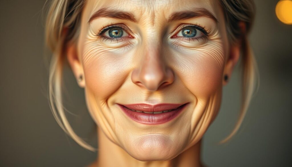 A close-up portrait of a mature woman's face with smooth, youthful skin, bathed in warm, diffused lighting. Her expression is serene and radiant, with a slight smile. The background is slightly blurred, creating a dreamlike, ethereal atmosphere. The image showcases the impressive results of a Botox treatment from the Eleven Clinic in Mallorca, highlighting the clinic's expertise in delivering natural-looking, wrinkle-free complexions.