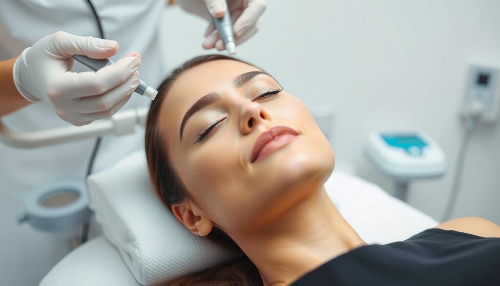 A close-up portrait of a woman undergoing a facial lifting treatment at the Eleven Clinic. The subject's face is gently tilted, with her eyes closed and a serene expression. Soft, directional lighting creates gentle shadows that accentuate the contours of her face. The treatment table is in the middle ground, with subtle medical equipment visible. The background is a clean, minimalist medical setting, conveying a sense of professionalism and care. The overall atmosphere is one of relaxation, rejuvenation and trust in the skilled hands of the Eleven Clinic's practitioners.