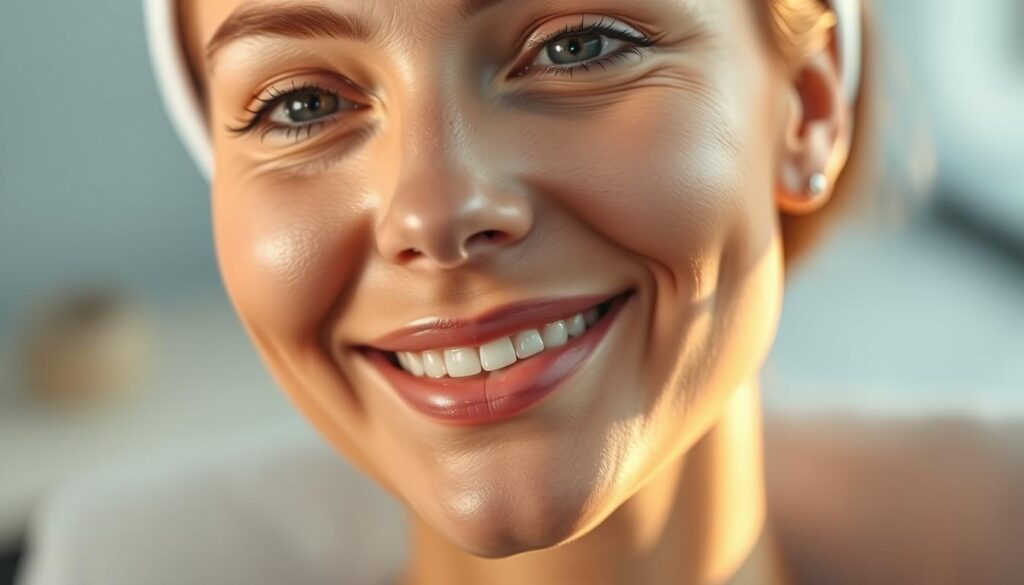 A close-up portrait of a woman's face, lit by soft, warm lighting that accentuates her natural features. Her skin appears radiant, with a healthy glow, and her facial expression conveys a sense of contentment and satisfaction. In the background, a blurred, neutral setting emphasizes the focus on her face. The image reflects the results of a facial treatment performed at the Eleven Clinic, showcasing the clinic's expertise and the patient's positive experience.