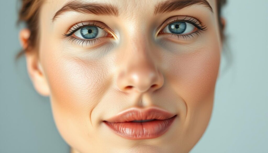 A close-up portrait of a woman's face, revealing the key areas of facial rejuvenation at the Eleven Clinic. The skin is radiant, with a youthful glow accentuated by soft, directional lighting. The forehead, eyes, cheeks, and jawline are clearly visible, showcasing the clinic's expertise in transforming the face through targeted treatments. The background is blurred, placing the focus entirely on the subject's refined features. A sense of serenity and confidence emanates from the image, capturing the essence of the "Áreas clave que transformamos en tu rostro" section.