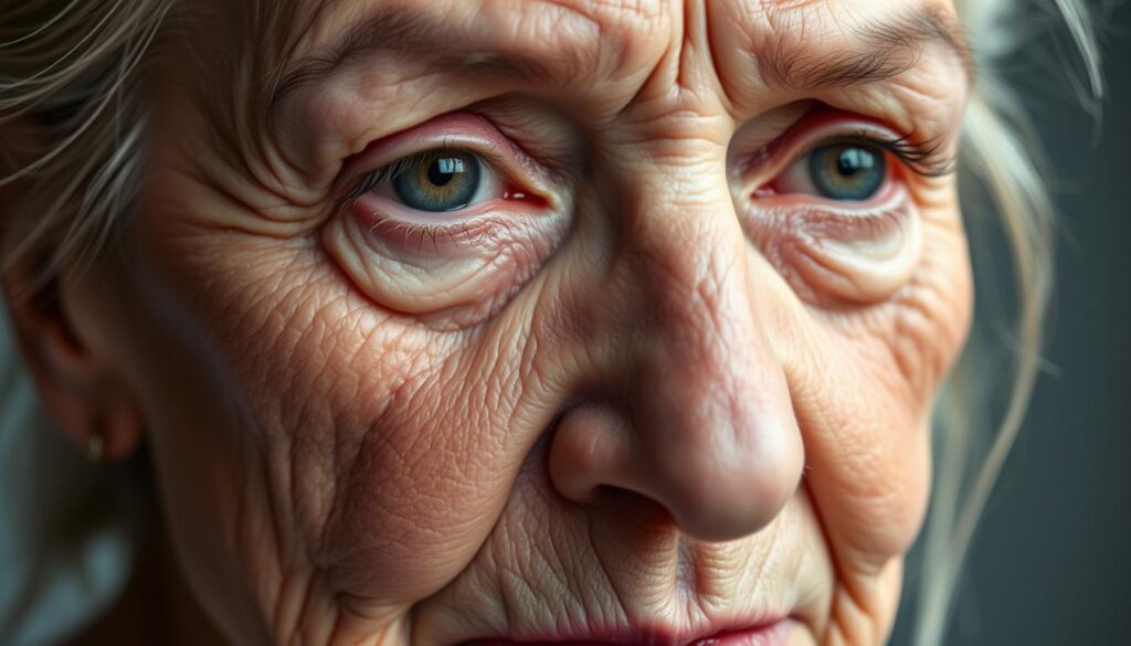 A close-up portrait of an aged woman's face, showcasing the visible signs of facial aging. The skin appears weathered and wrinkled, with deep furrows on the forehead, crow's feet around the eyes, and sagging jowls. The lighting is soft and flattering, creating a pensive, contemplative mood. The background is out of focus, keeping the attention on the intricate details of the skin texture and facial features. The image conveys the need for a rejuvenating solution, hinting at the potential benefits of a facial lifting procedure at Eleven Clinic in Mallorca.