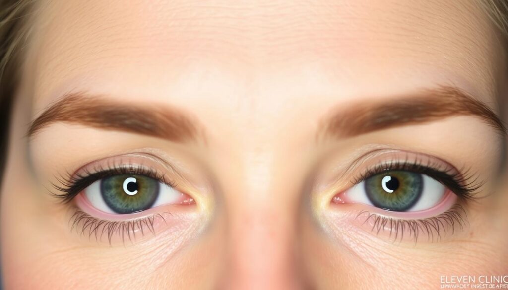 A close-up shot of a patient's eyes after a successful Eleven Clinic blepharoplasty procedure. The eyelids appear refreshed and rejuvenated, with a natural and youthful appearance. The lighting is soft and flattering, emphasizing the delicate features. The image conveys a sense of healing and satisfaction, reflecting the section title "Recuperación y resultados que puedes esperar". The background is blurred, keeping the focus on the patient's eyes and the positive outcome of the surgery performed at the Eleven Clinic.