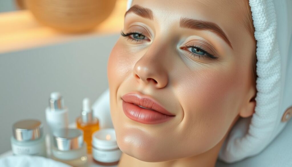 A close-up shot of a serene, glowing woman's face, showcasing the immediate benefits of a luxurious facial treatment at the Eleven Clinic. Soft, even lighting illuminates her radiant, hydrated complexion, enhancing her natural features. The middle ground features an array of skincare products, including jars, bottles, and tools, hinting at the curated, professional-grade treatments available. The background has a clean, minimalist aesthetic, with a hint of warm, natural tones to create a calming, spa-like atmosphere. The overall scene conveys a sense of relaxation, rejuvenation, and the transformative power of the clinic's specialized facial treatments. Prompt