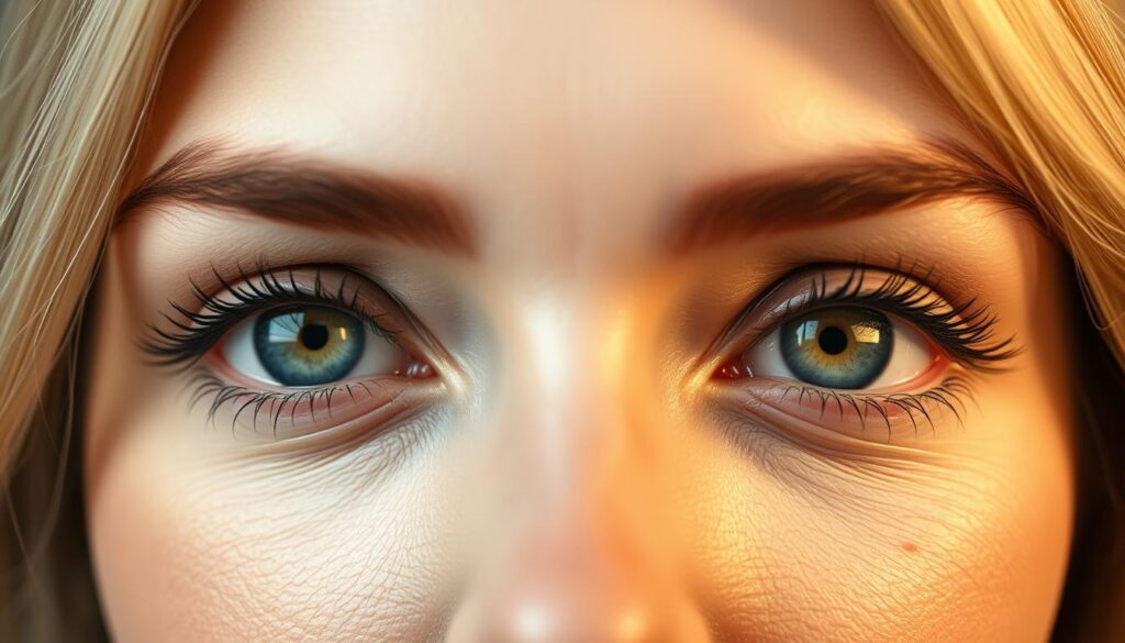 A close-up shot of a woman's eyes, highlighting the upper eyelids. The eyes are bright and vibrant, with a natural, rejuvenated appearance. The skin around the eyes is smooth and taut, with a subtle glow. The lighting is soft and diffused, creating a warm, inviting atmosphere. The focus is on the upper eyelids, showcasing the results of a successful "blefaroplastia superior" procedure performed at the Eleven Clinic. The image conveys a sense of youthful vitality and confidence.