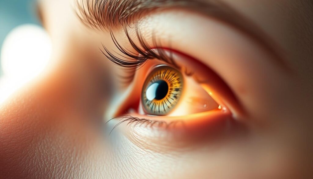 A close-up view of a human eye undergoing a rejuvenation process, showcasing the Eleven Clinic's advanced eye treatment. The scene depicts the various stages of the procedure, with the eye gently opened, revealing intricate details of the iris and pupil. Soft lighting illuminates the delicate skin around the eye, highlighting the natural radiance and youthful glow. The background is blurred, creating a sense of focus and depth, emphasizing the importance of the rejuvenation process. The overall mood is serene and professional, reflecting the expertise and care of the Eleven Clinic's eye specialists.