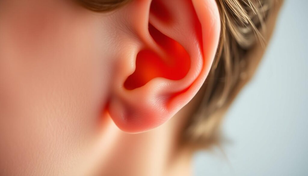 A close-up view of a pair of human ears, one in the foreground and the other in the middle ground, illuminated by soft, even lighting that accentuates the natural contours and textures of the ear cartilage. The background is blurred, suggesting a serene, clinical setting. The image captures the intricate details of the ear anatomy, showcasing the Eleven Clinic's expertise in safe and effective otoplasty procedures performed in Mallorca.
