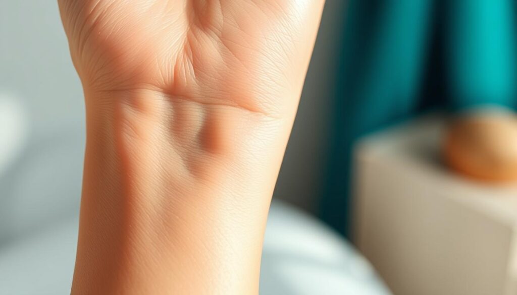 A close-up view of a patient's arm showcasing the results of hyaluronic acid treatment at the Eleven Clinic in Mallorca. The skin appears smoother, more youthful, and radiant, with a healthy glow. The lighting is soft and natural, highlighting the natural beauty of the treated area. The background is blurred, keeping the focus on the foreground. The overall mood is one of tranquility and satisfaction, reflecting the successful recovery process.