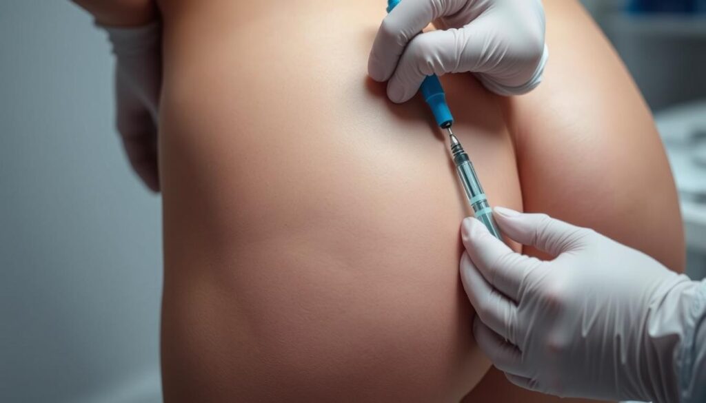 A close-up view of a patient's buttocks during a lipotransfer procedure at the Eleven Clinic in Mallorca. The surgeon's hands expertly inject the patient's own fat into the gluteal area, gently sculpting and enhancing the curves. Soft, diffused lighting illuminates the skin, revealing the meticulous technique. The background is blurred, keeping the focus on the intricate surgical process. The atmosphere is one of precision, care, and the client's trust in the skilled Eleven Clinic team.