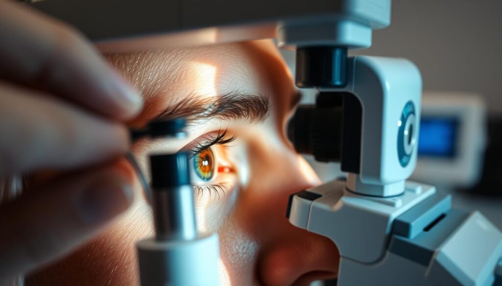 A close-up view of a patient's eyes undergoing a personalized eye treatment at the Eleven Clinic in Mallorca. The scene depicts a serene and professional medical setting, with a skilled technician carefully examining the patient's eyes using advanced diagnostic equipment. Soft, diffused lighting illuminates the scene, creating a soothing and calming atmosphere. The foreground focuses on the patient's eyes, while the background showcases the modern, well-equipped treatment room, conveying a sense of expertise and attention to detail. The overall image reflects the personalized, specialized nature of the eye treatment process at the Eleven Clinic in Mallorca.